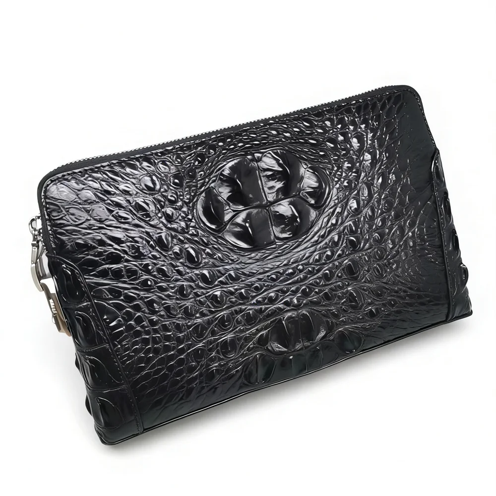 Genuine Crocodile Leather Men's Business Clutch Bag, Real Crocodile Leather Double Zipper Password Lock, Multiple Card Slots, La