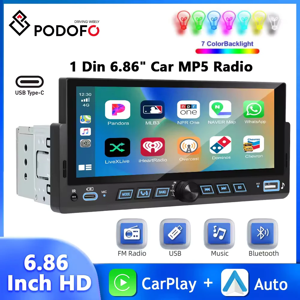

Podofo 6,86 ''1Din MP5-плеер с ЖК-экраном Мультимедийный плеер Беспроводной Carplay Android Auto EQ Bluetooth USB Зеркальная связь Автомобильная стереосистема