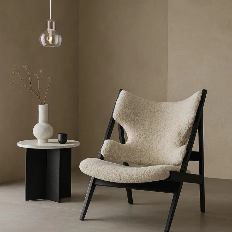 Knitted Leisure Chair French Retro Medieval Solid Wood Sofa Chair Cream Wind Lamb Fleece Single Sofa Chair