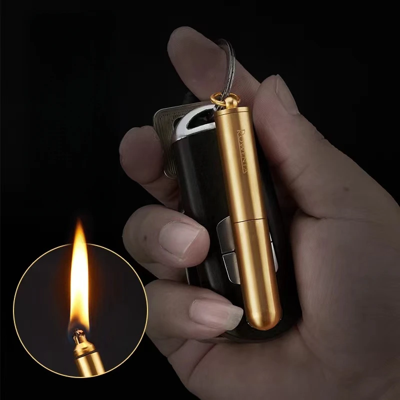 Pure Copper Mini Keychain Waterproof Kerosene Lighter Ten Thousand Times Match Tobacco Pressing Rod Portable Pipe Lighter Gifts