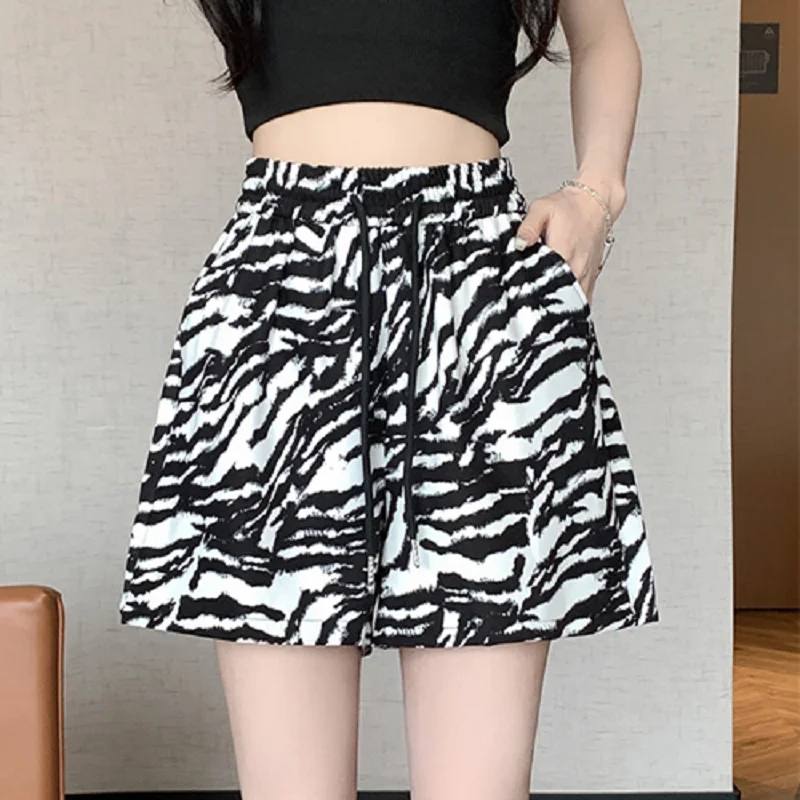 Summer Zebra Print Ice Silk Quick Dry Casual Shorts Women's Slim Straight Casual High Waist A-Line Sports Pants
