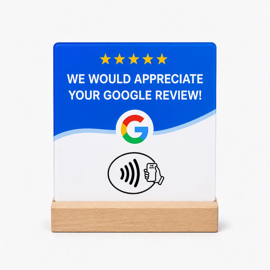 4-pack Acrylic NFC Google Review Card 12x12cm with Wooden Stand Tap to Leave 5-Star Review Sign for Tabletop Counter Display