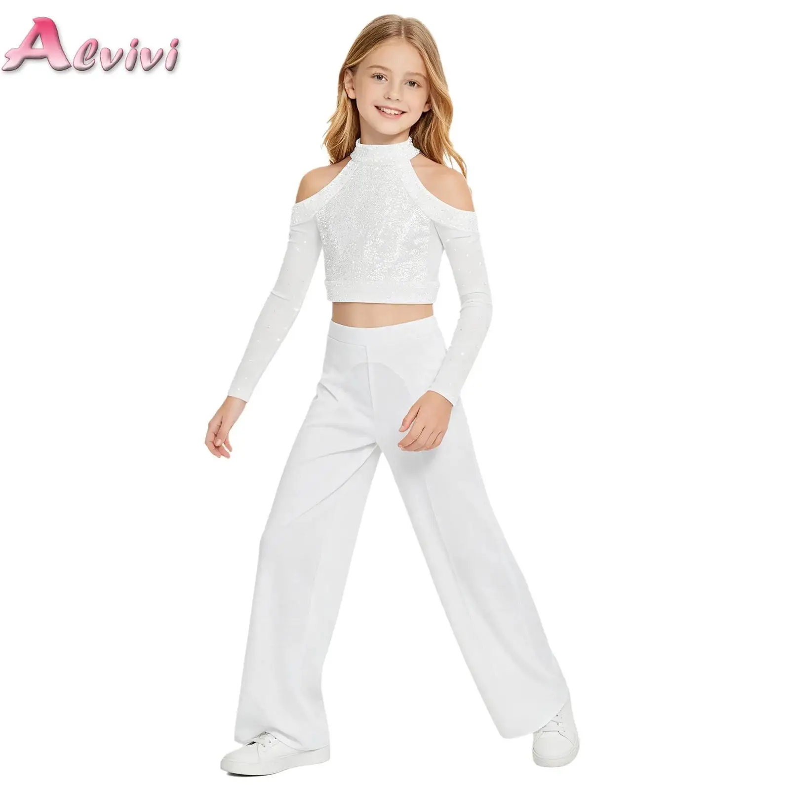 Kids Girls Ballet Dance Set Lyrical Jazz Dance Costume Cold Shoulder Long Sleeve Cutout Out Sequins Crop Top Wide-leg Mesh Pants