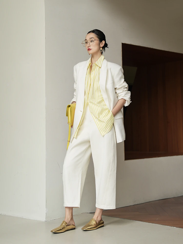 

Organic Cotton Balloon Denim Pants Low Waist Nine Points Commute Sle Player andma Jeans Casual Trousers for Women