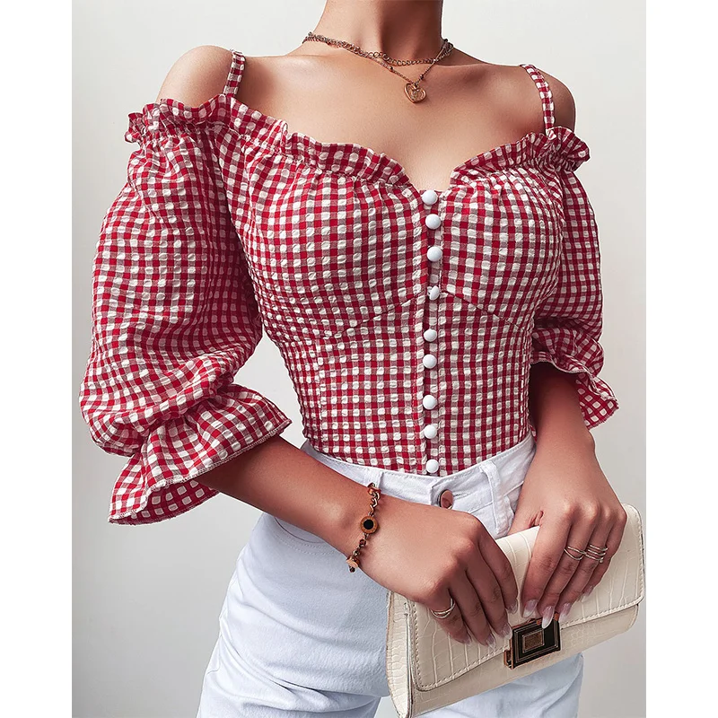 Women Top Cold Shoulder Plaid Print Frill Plaid Lotus Leaf Sleeves Backless Sling V-Neck Single-Breasted Top