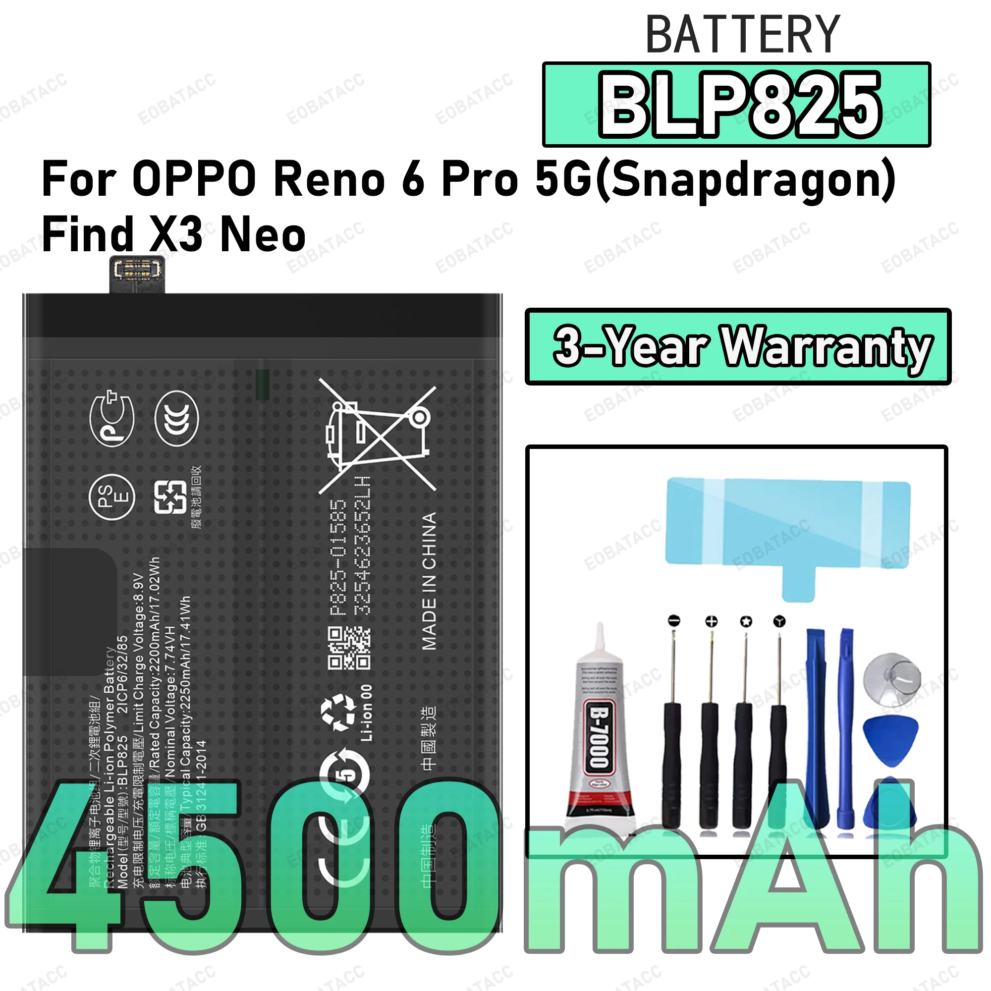 

4500mAh BLP825 Battery For OPPO Reno 6 Pro 5G(Snapdragon)/Find X3 Neo Replacement Bateria+Free Tools