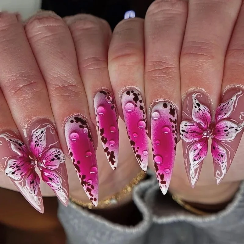 

24PCS Long Stiletto Shape False Nails 3D Glue Pink Sweet Cool Flower Press on Nails Fashion Elegant Hot Girl Removable Fake Nail