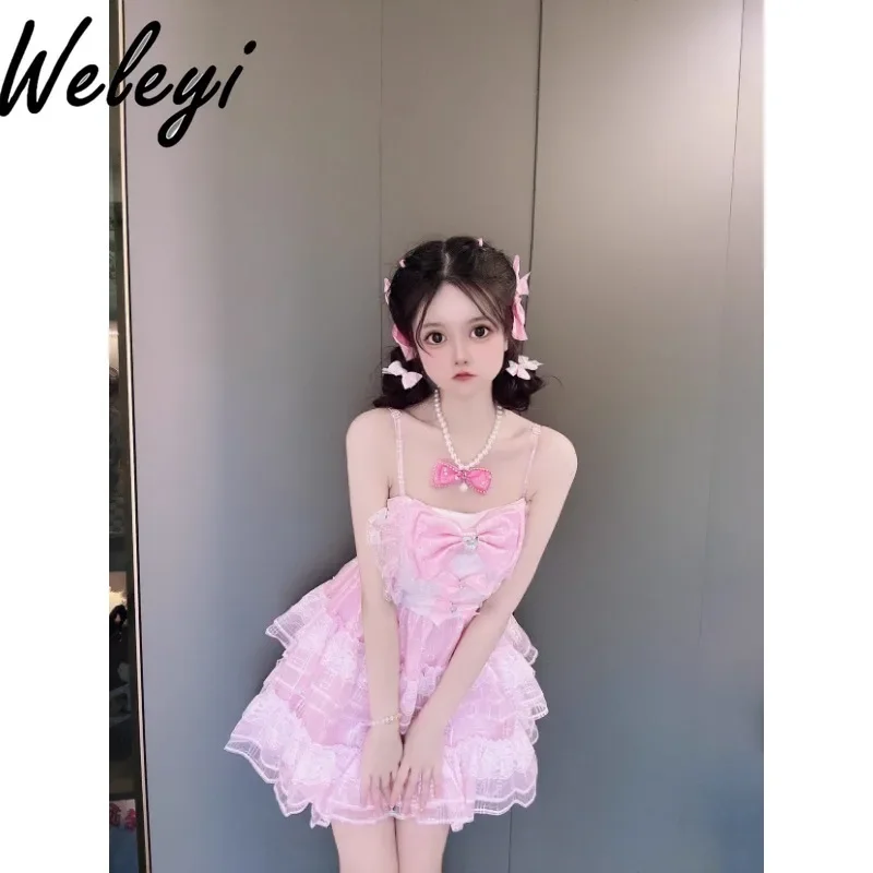 Lolita Kawaii Sling Dress Women\'s Fashion Summer Clothing New Cute Sweet Shiny Pink Bow Rojita A Line Elegant Princess Dresses