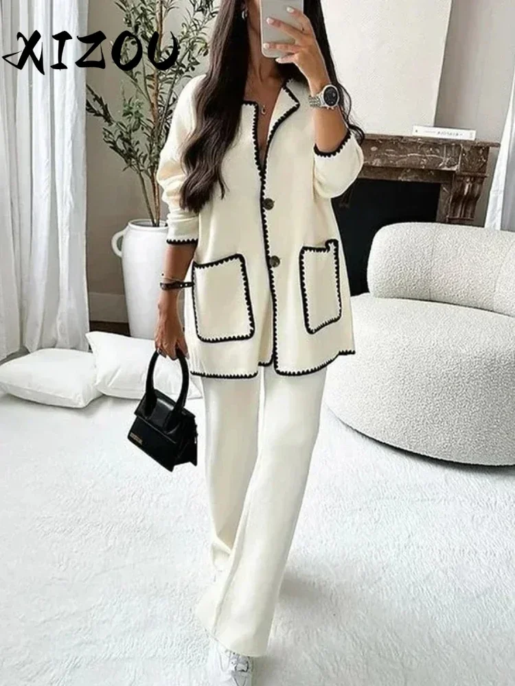 XIZOU Autumn Women Two Piece Sets Regular Round Neck Loose Coats Cardigan Solid Straight Wide Leg Long Pants Matching Set 2024