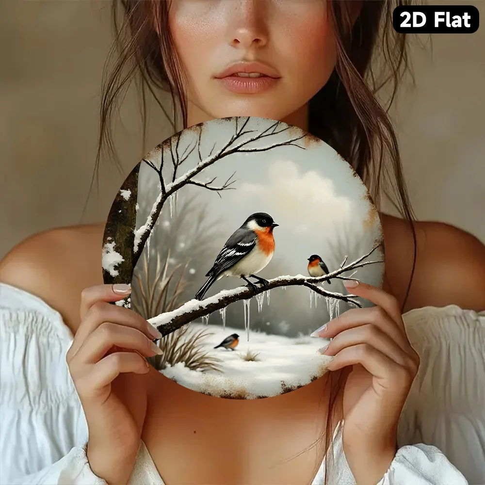2D Flat, 1pc Serene for Nature'S Elegance Bird Perched on Branch Design - 8-Inch Round Wall Art, Decorative Plaque & Sign for Li