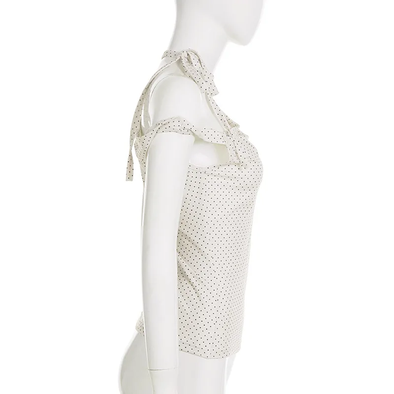 Damen Polka Dot Rückenfreies Neckholder-Top mit Knoten, Eng Anliegend, Kurzarm, Lässige Streetwear, Sexy Modisches T-Shirt-Oberteil – Detail 14