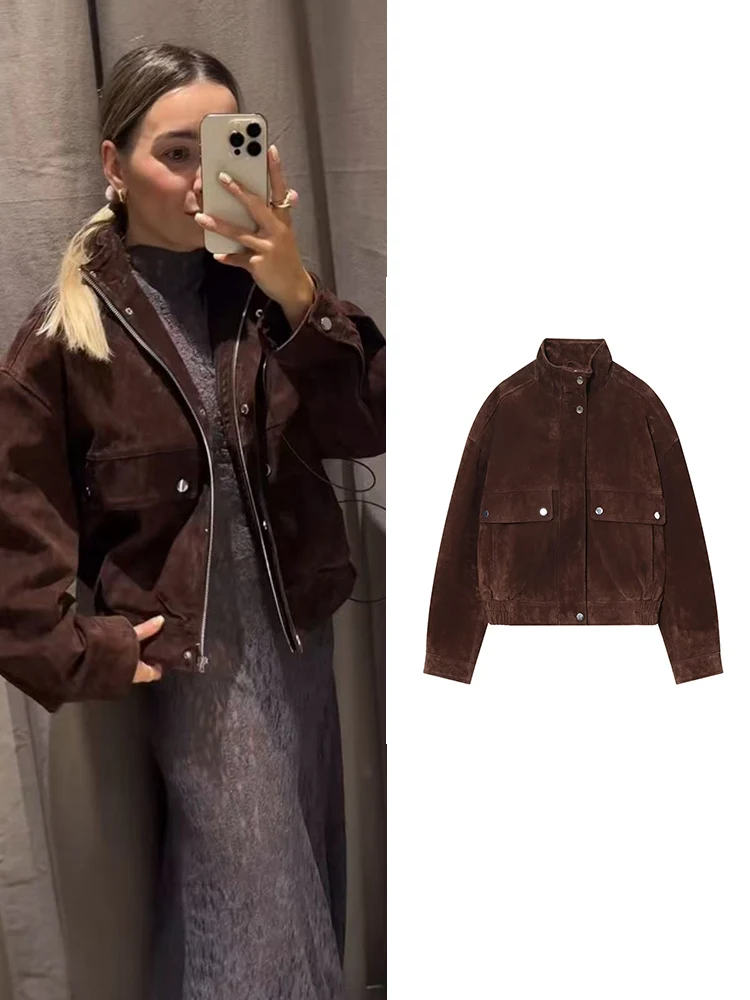 

2025 Women's Autumn New Bomber Jacket Fashion Stand Collar Zipper Short Jacket Female Fashion Temperature Pocket Slim Fit Coat