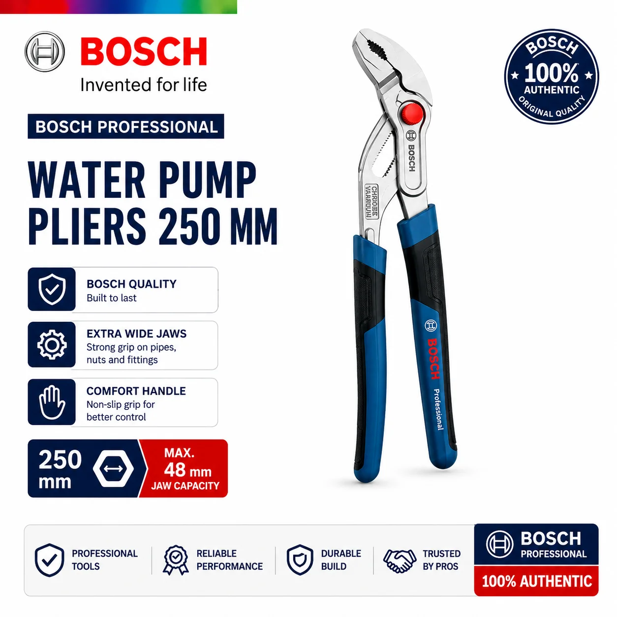 BOSCH Water Pump Pliers Adjustable Pliers Quick Adjustment CrV Steel Pipe Wrench Hand Tool for Plumbing Pipes Nuts Bolts Repair