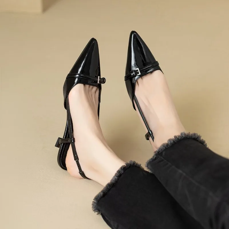 2026New Summer Women's Patent Leather Pointed Toe Sandals with Buckle Open Heel Fashionable Mid-Heel Sandals By Zapatos De Mujer
