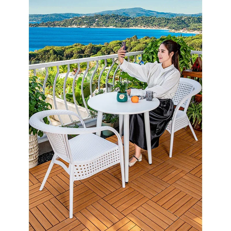 

Outdoor tables and chairs rattan chairs three-piece outdoor terrace leisure balcony waterproof sunscreen white courtyard tables