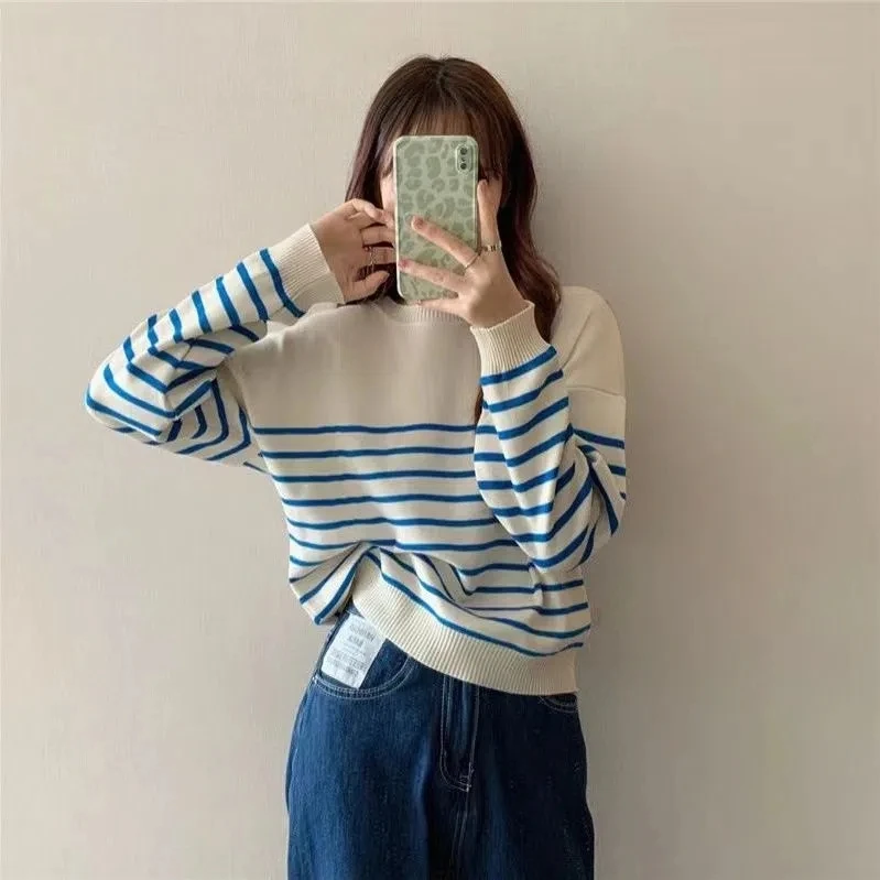 New Women Autumn Winter Clothes Solid Round Neck Sweater Jumper Long-sleeved stripe Knitted Pullovers Shirt Female Tops