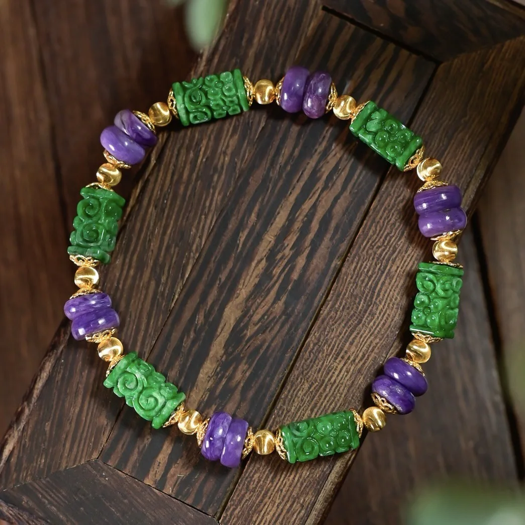 Natural Dry Green Grade A Jadeite Carved Tube Bead Bracelet Charoite Disc Beads, Gilded S925 Silver, Chinese-Style Jewelry