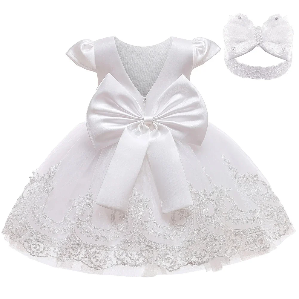 Infant Baby Embroidery Gown Elegant Girl Dress Satin Big Bow Tulle Dress V Back Prom Wedding Birthday Party Formal Baptism Dress