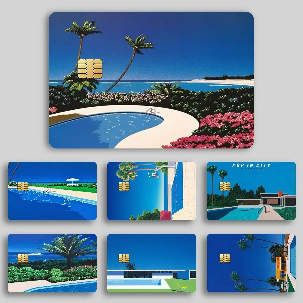 Hiroshi Nagai Waporwave اليابان شاطئ مدينة الصيف المشارك الائتمان الجلد غطاء بطاقة ملصقات 4 قطعة فيلم حافلة تمرير الجبهة الديكور البنك