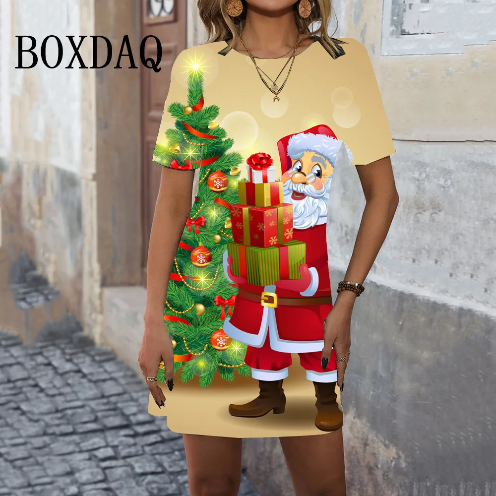 2024 New Christmas Party Mini Dresses Women Cartoon Cute 3D Santa Claus Printing Loose Dress Casual Kawaii Ladies A-Line Dress