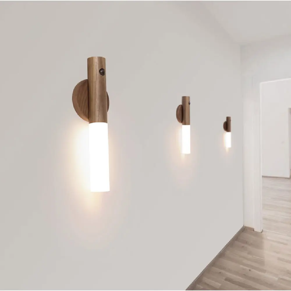 Auto Led Usb Magnetic Wood Wireless Night Light corridoi portico luci Pir Motion Sensor applique da parete lampada da armadio