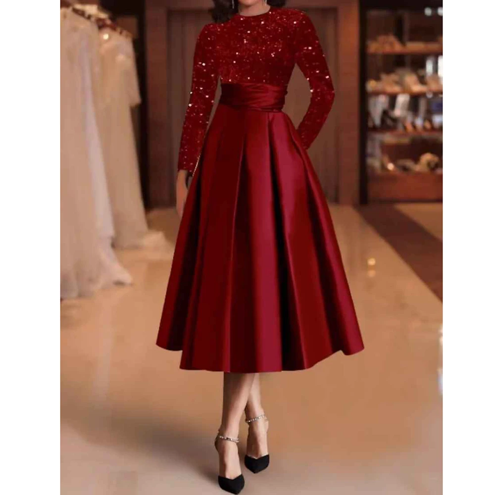 

Women's High-end Sequin DressesA-Line V Zero Long Sleeve Mid Calf Dressesfor Cocktail Party Banquet Party Birthday Vacation