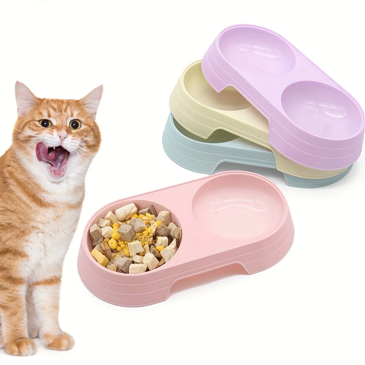 Double Cat Feeding Bowl - Integrated cat food and water station, durable PP material