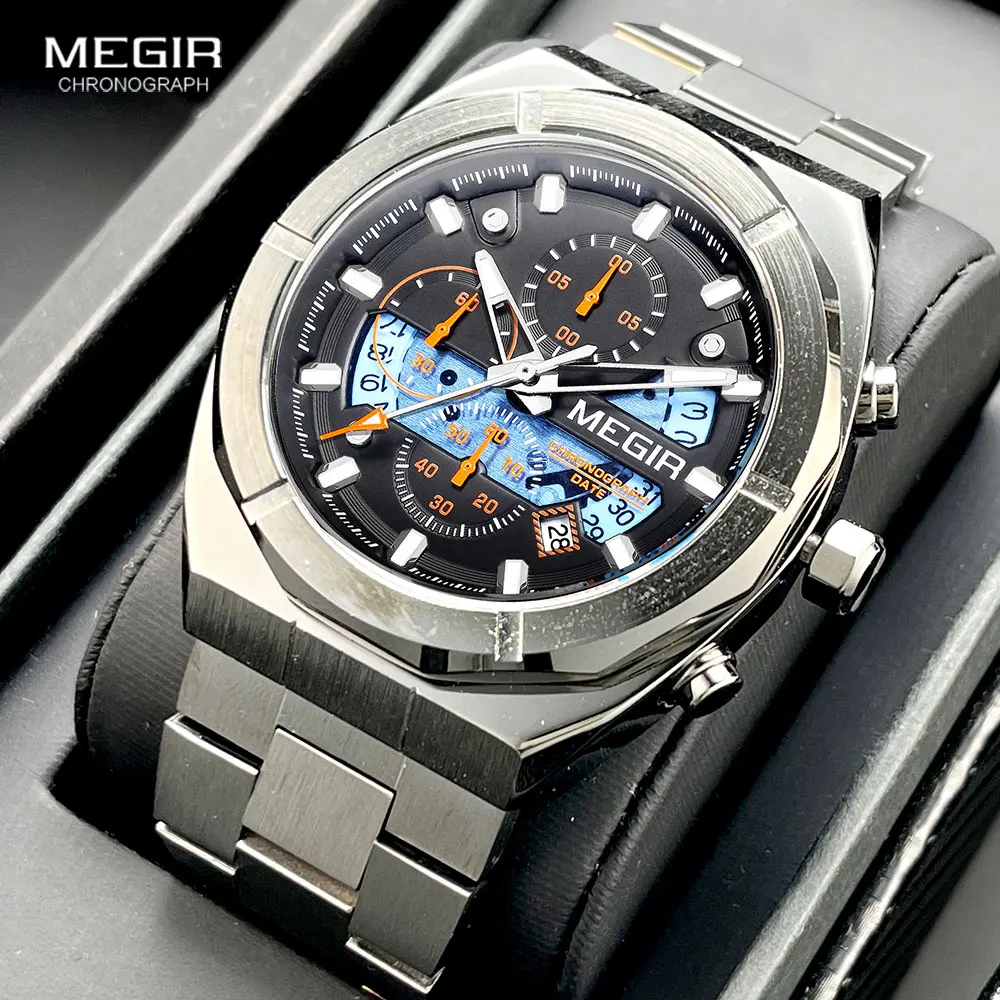 MEGIR Gray Sport Quartz Watch for Men Luxury Luminous Waterproof Metal Wristwatch with Stainless Steel Strap Date Chronograph