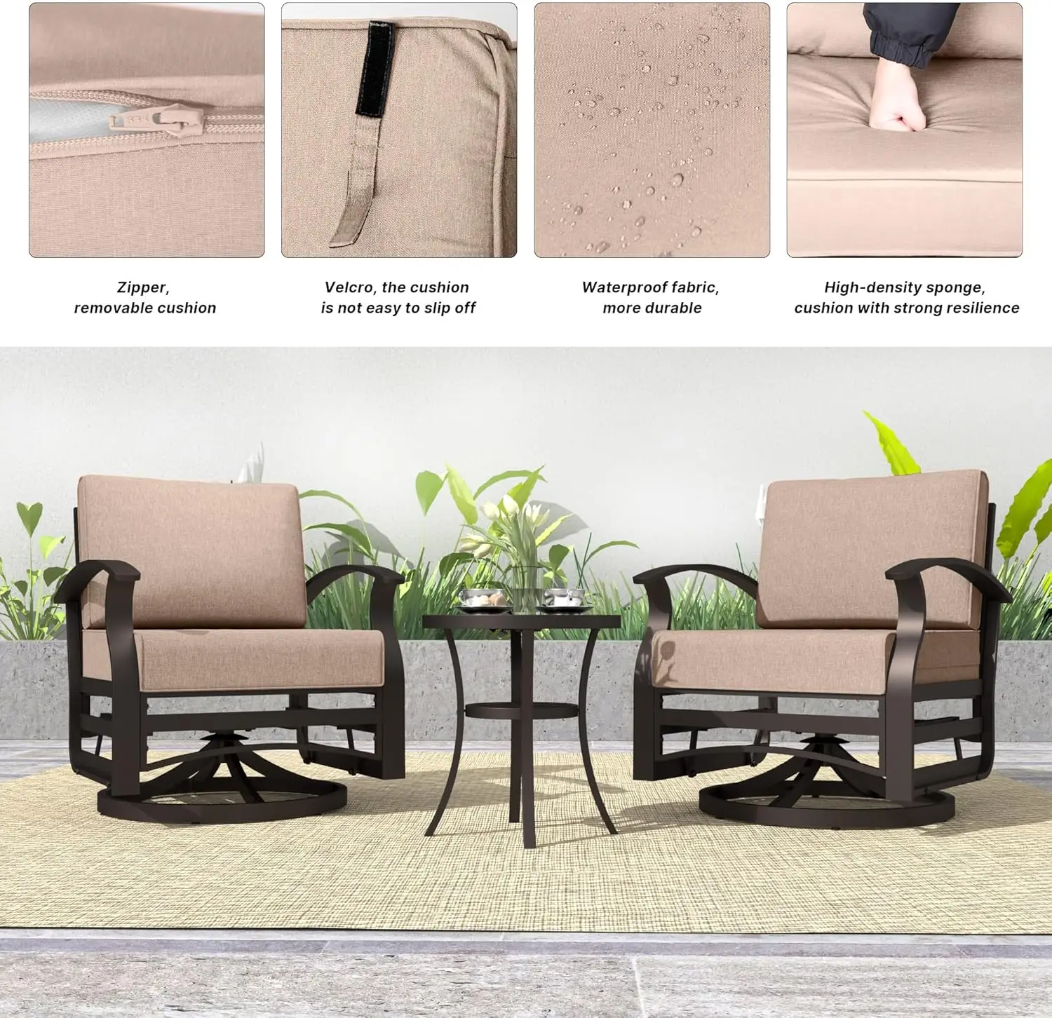 Patio Furniture Set, Outdoor Aluminum Swivel Gliders Rocker, Rocking Chair with Glass Side Table and Thickened Cushions