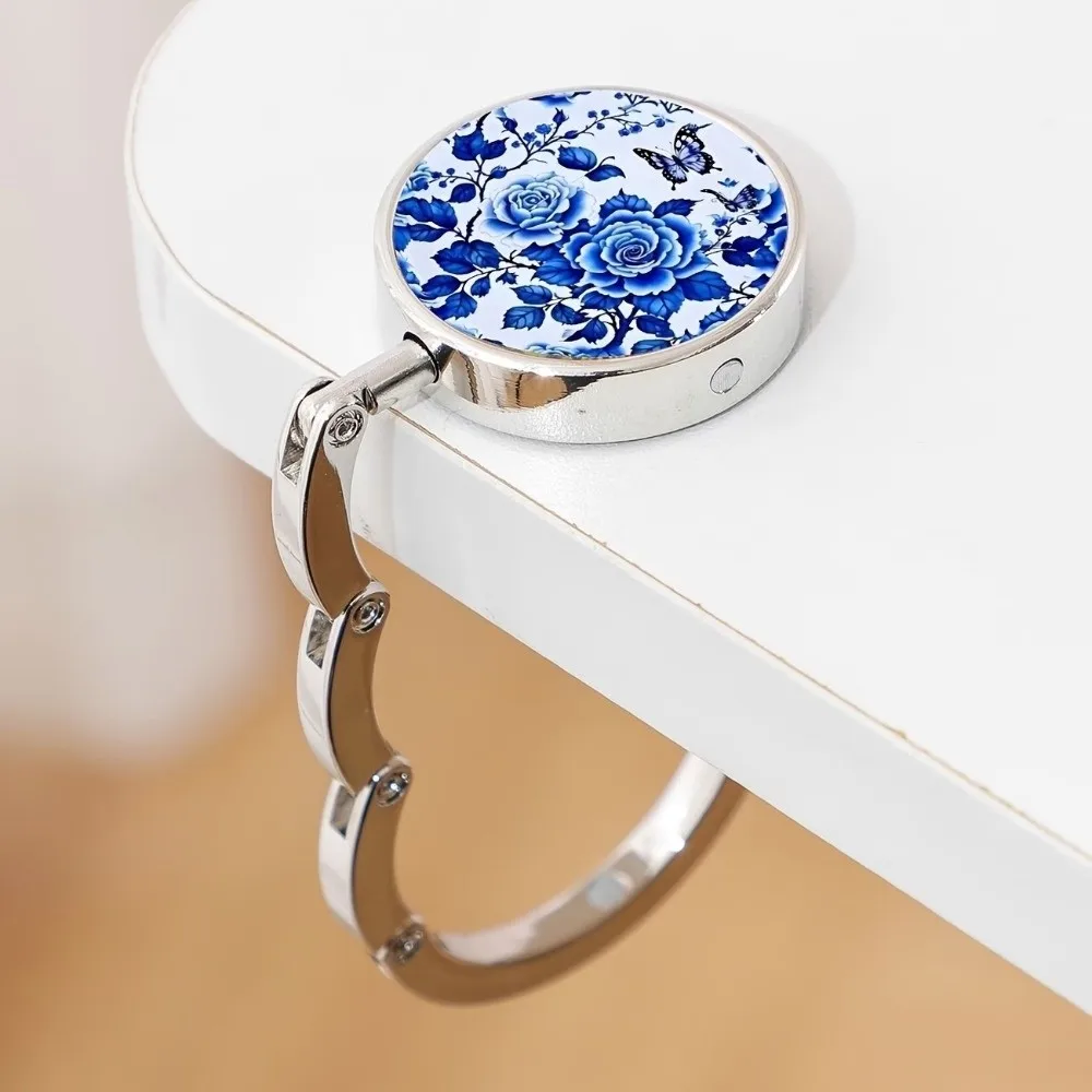 Folding Desktop Stand Hook Circular Blue and White Porcelain Design Table Edge Hook Zinc Alloy Hanging Tote Holder