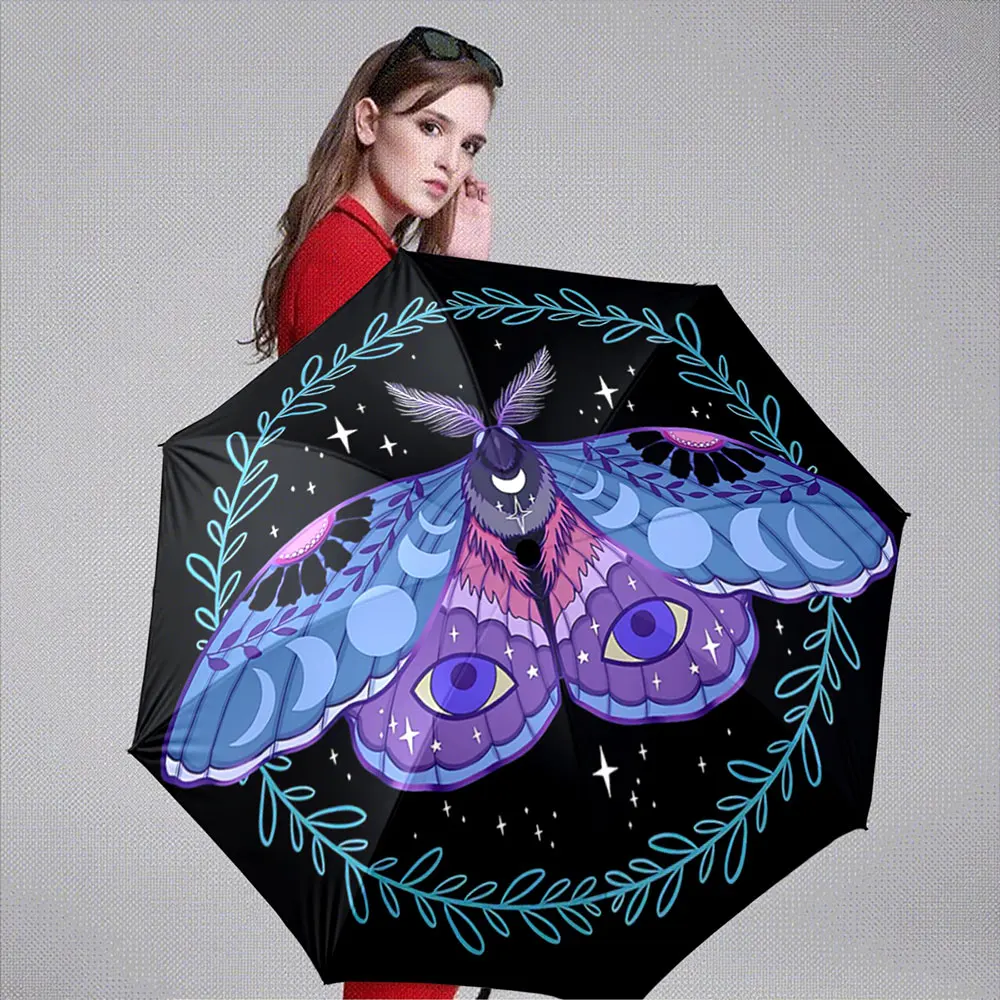 Mystic Moth with Moon Phases and Stars Design Umbrella ,Portable Folding Umbrella, Gift for Family Friends