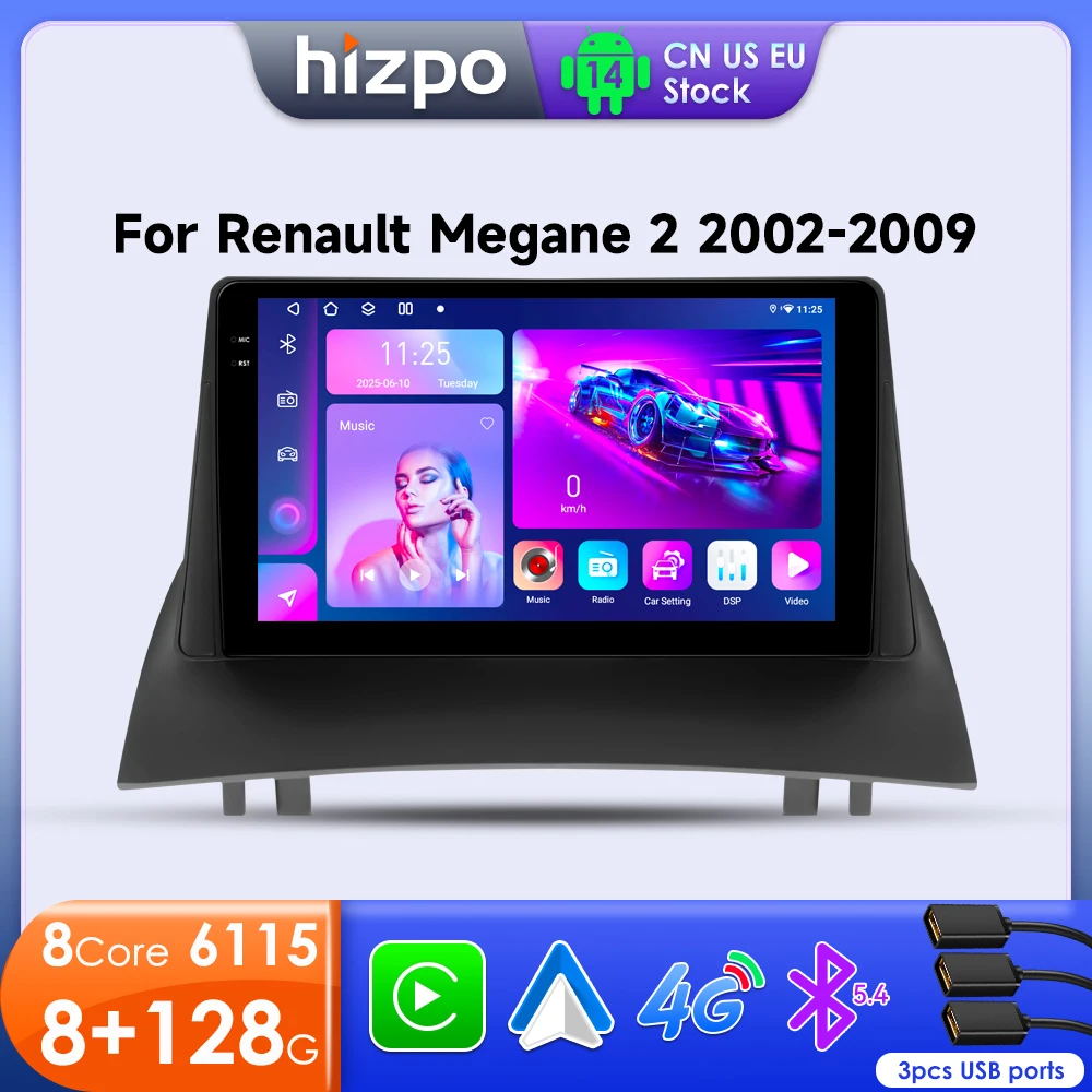 Hizpo 2Din Android 14 For Renault Megane 2 2002-2009 Car Radio Stereo Multimedia Video Player Navigation GPS Head Unit Carplay