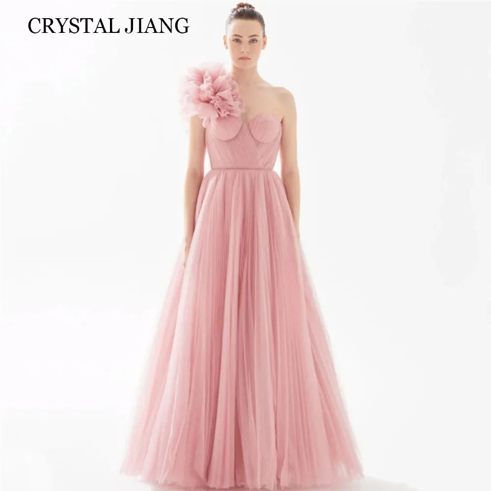 

Vintage Long Pink One Shoulder Prom Dresses Tulle Ruffled Floor Length Lace Up A Line Floor Length Robe De Soiree Femmes