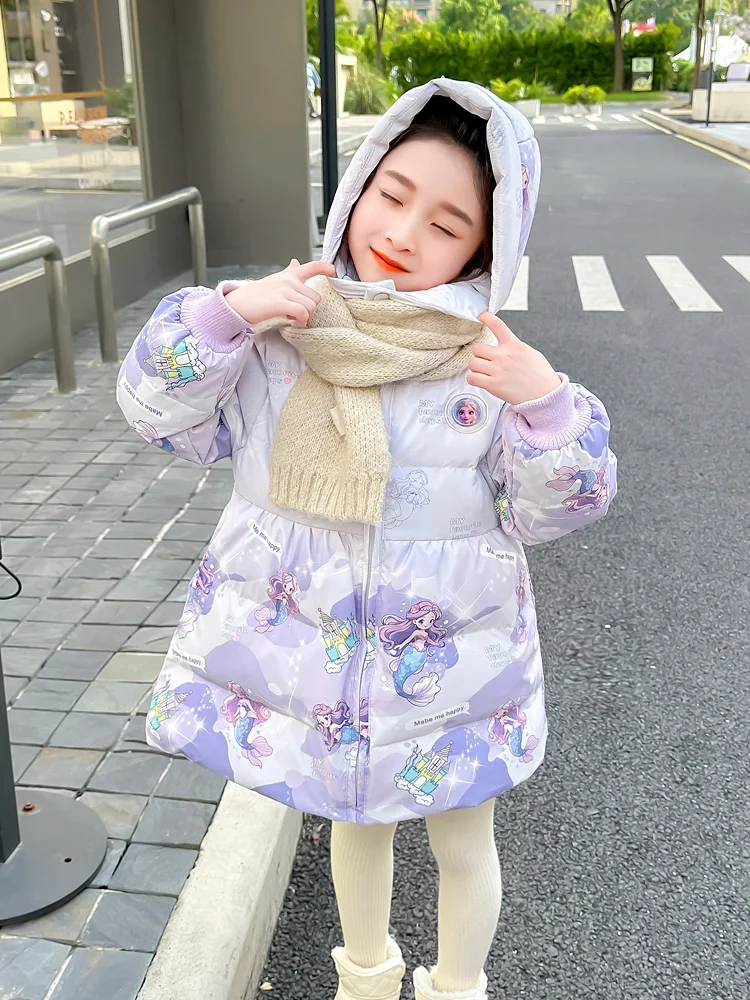 Meninas sereia para baixo jaet roupas de inverno das crianças 2025 novo doce dos desenhos animados thiened comprimento médio brilhante outerwear