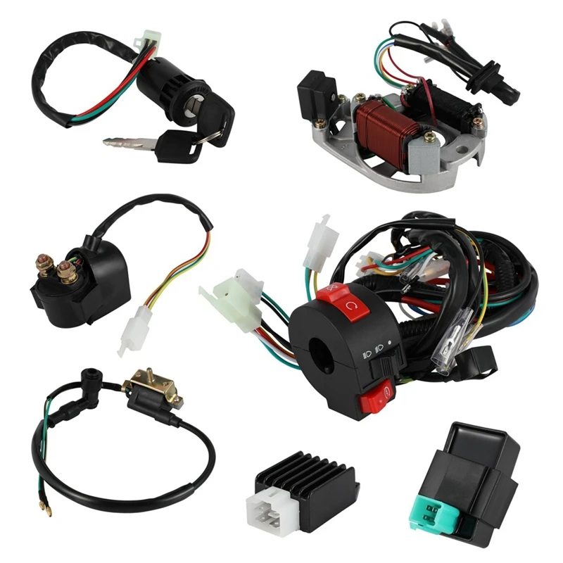 Full Wiring Harness Coil Regulator CDI Solenoid Relay Spark Plug For 4 Stroke ATV 50Cc 70Cc 90Cc 110Cc 125Cc Dirt Bike