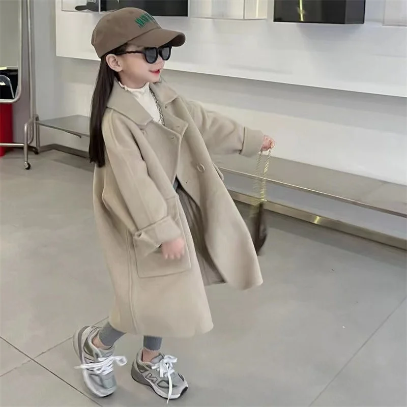 

Korean Girl's Woolen Coat Super Cute Casual Trench Coat 2024 Autumn And Winter New Baby Loose Khaki Coat 3 5 7 9 Y