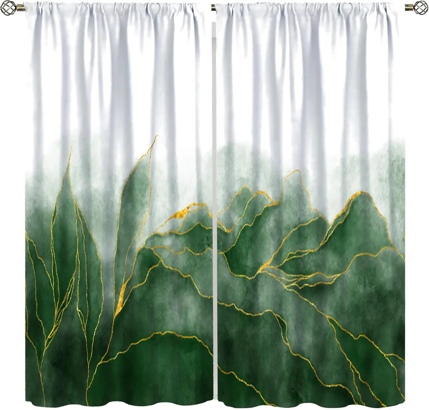Green Marble Kitchen Curtains,Abstract Modern Green Watercolor Botanical Leaves Bedroom Living Room Kitchen Window Curtains