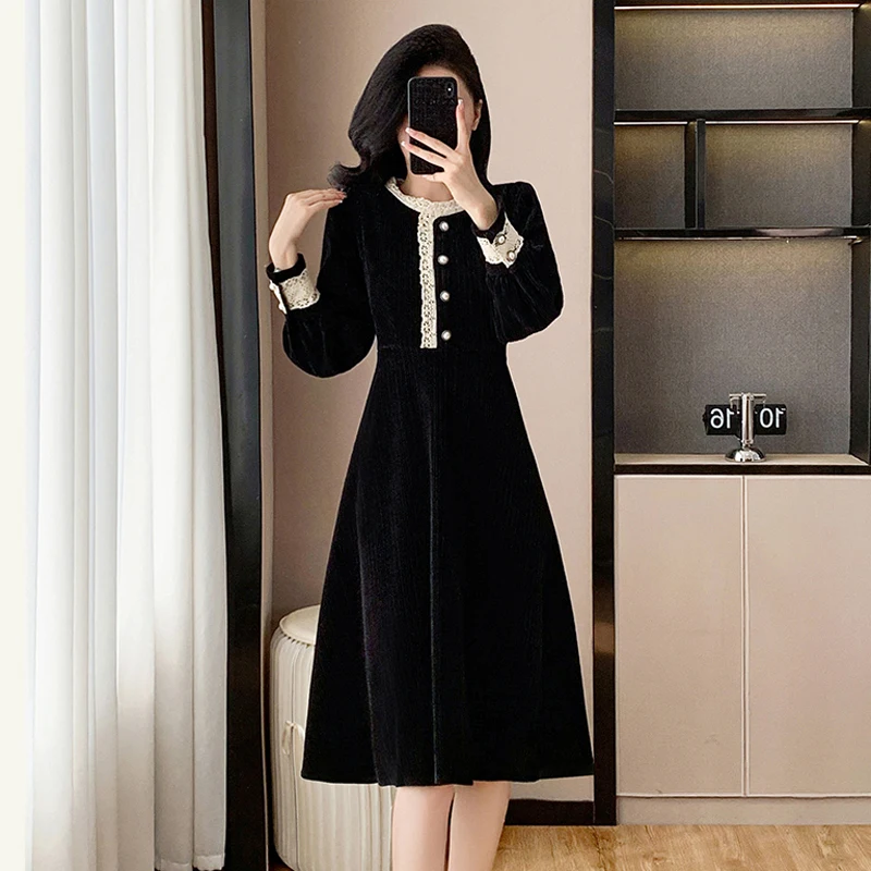 

Autumn Winter Women Corduroy Dresses O Neck Long Sleeve Female Large Size Elegant Black A Line Knee length Buttons Slim Vestidos