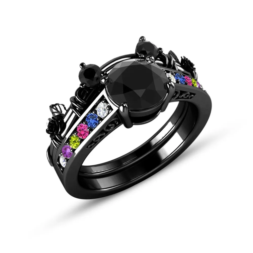 WOSIKATE Creative Inlaid Coloured Zirconia Black Gold Ring For Women Colourful Gemstone Rose Flower Ring Sets Fashion Jewelry