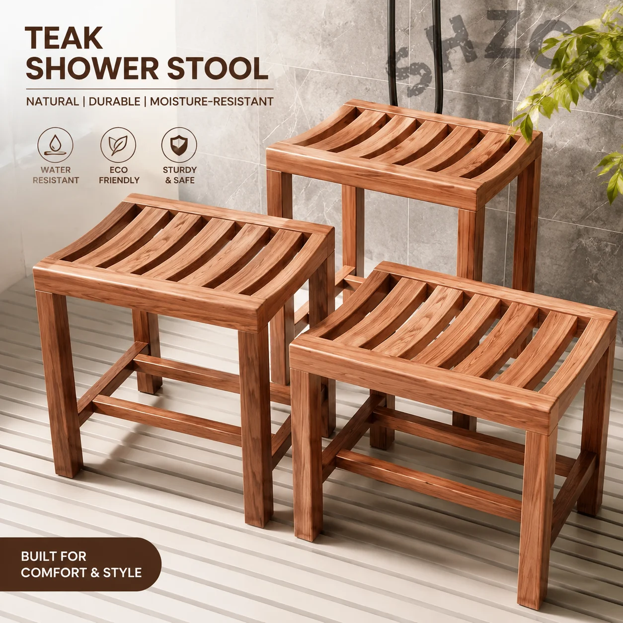 Waterproof Non-Slip Bathtub Stool for Elderly And Pregnant Women Shower Seat with Drain Holes Teak Wood Bathroom Safety Chair