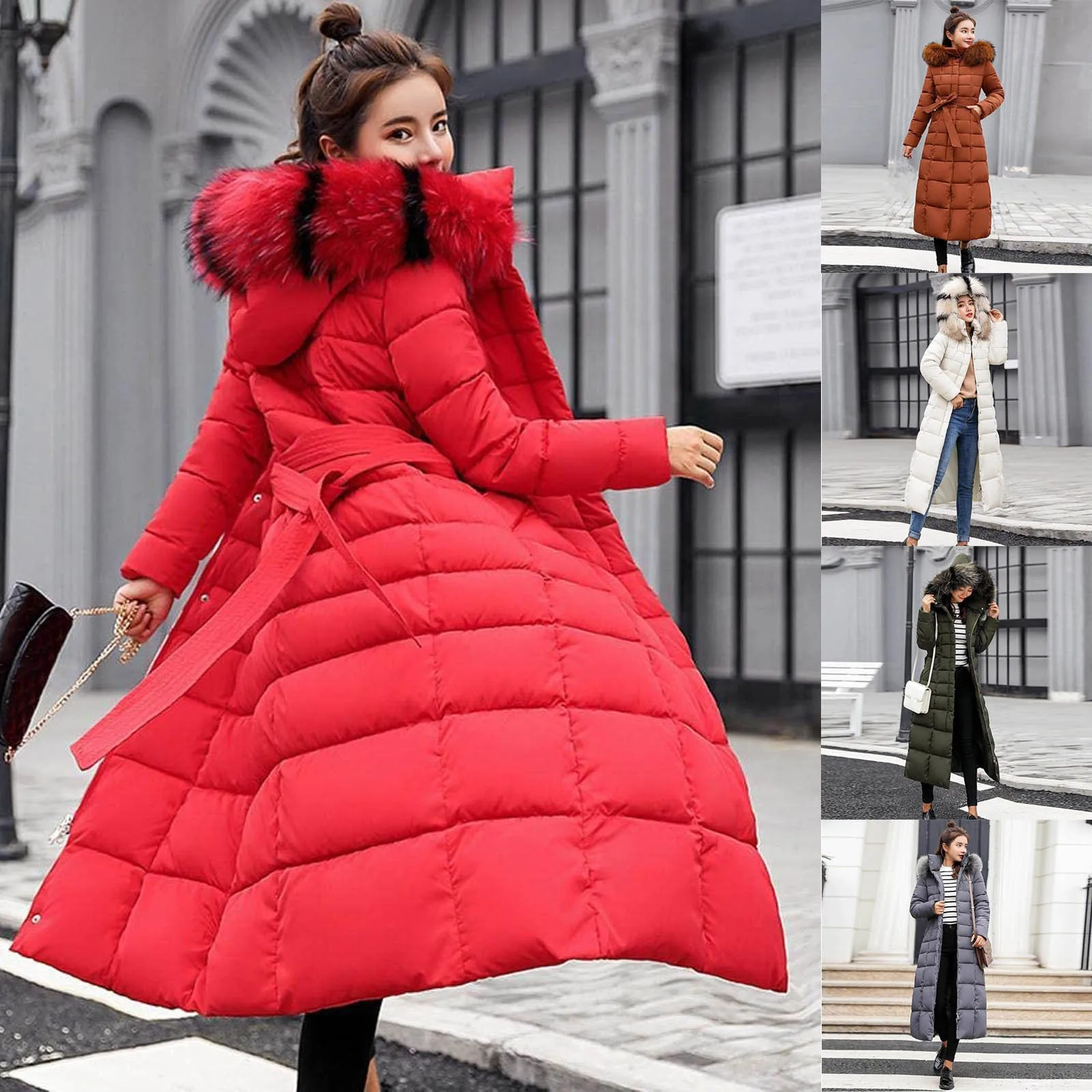 2023 Winter Long Jacket For Women Streetwear Loose Waist Hooded Padded Warm Parkas Coat Solid Knee Length Down Cotton Jackets