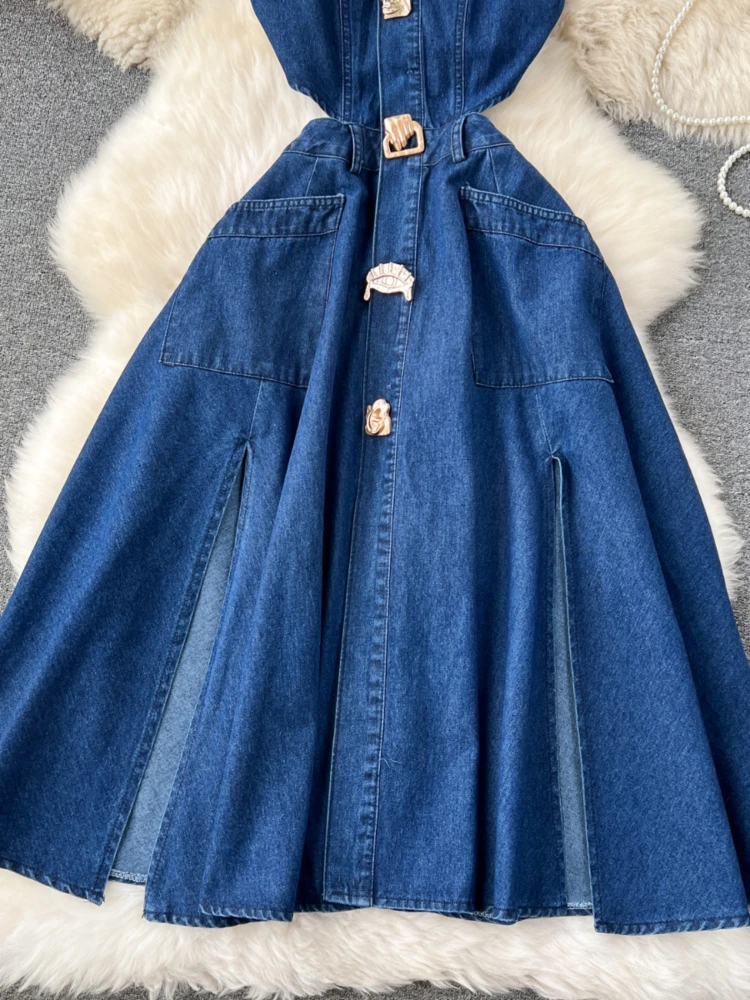 Robe en denim rétro pour femme, coupe boutonnée, taille creuse, coupe couvertes, mi-longue, revers en fibre, fente sur le genou, chaud, été