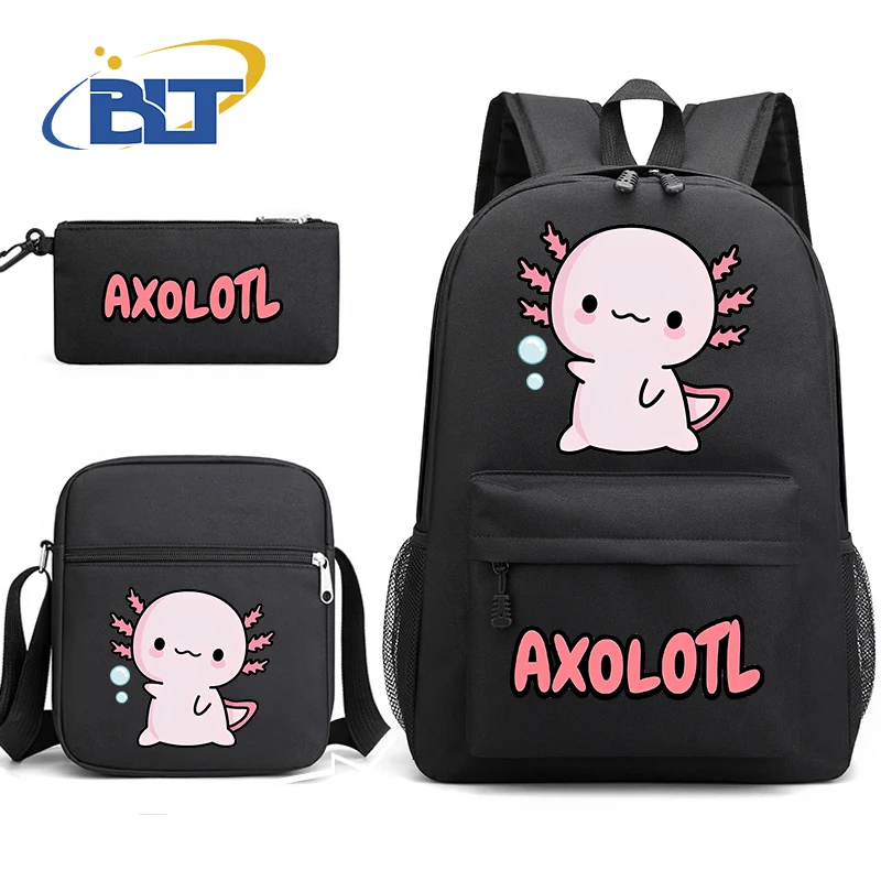 Cute Axolotl  Cartoon Animal Print Student Backpack Set Black Backpack Shoulder Bag Pencil Case 3-Piece Set for Boys and Girls