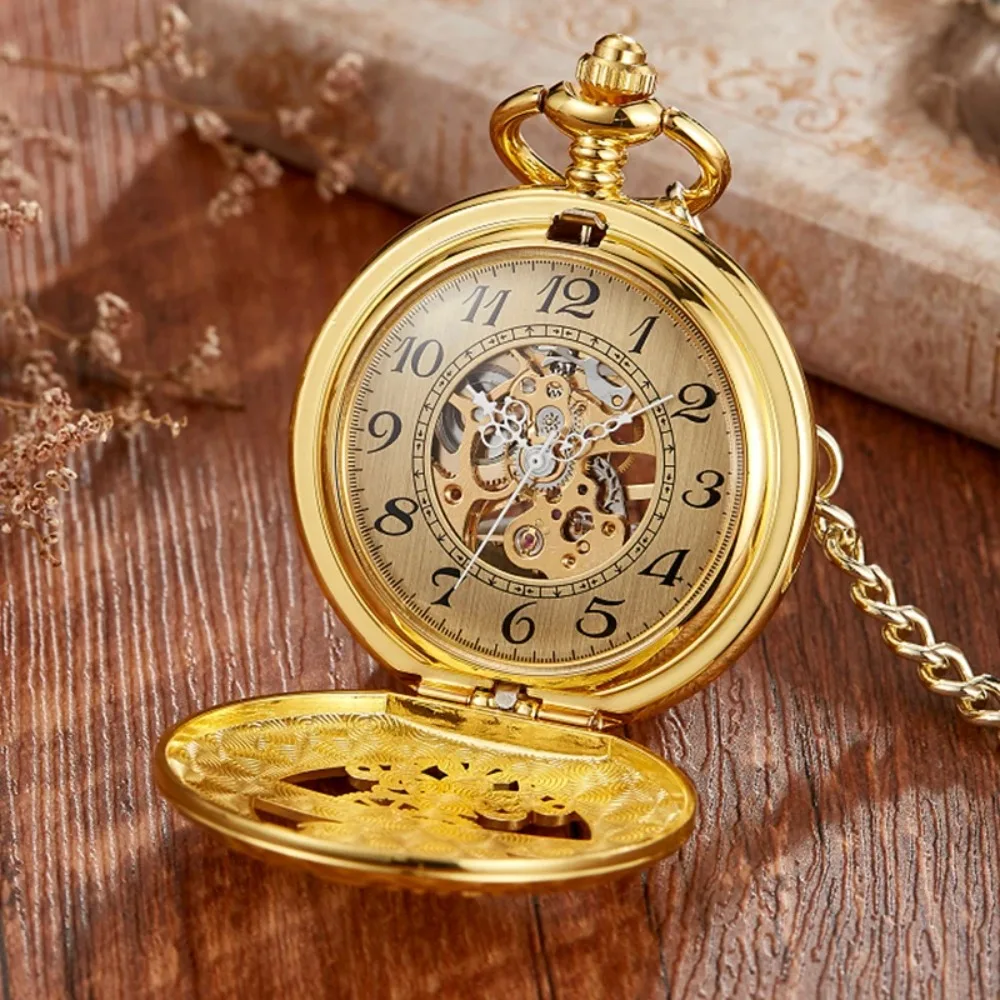 Classic Unisex Mechanical Hand Winding Pocket Watch Roman Number Skeleton Timepiece Fob Chain Collectable Clock