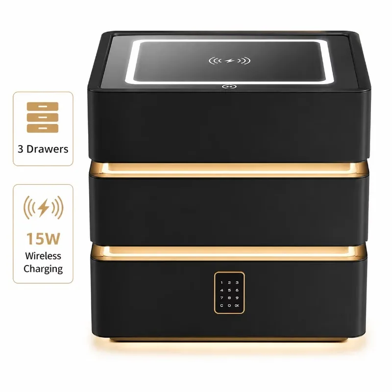 Smart 3-Drawer Nightstand 15W Wireless Charging Fingerprint Lock Bedroom Bedside Table Modern Furniture