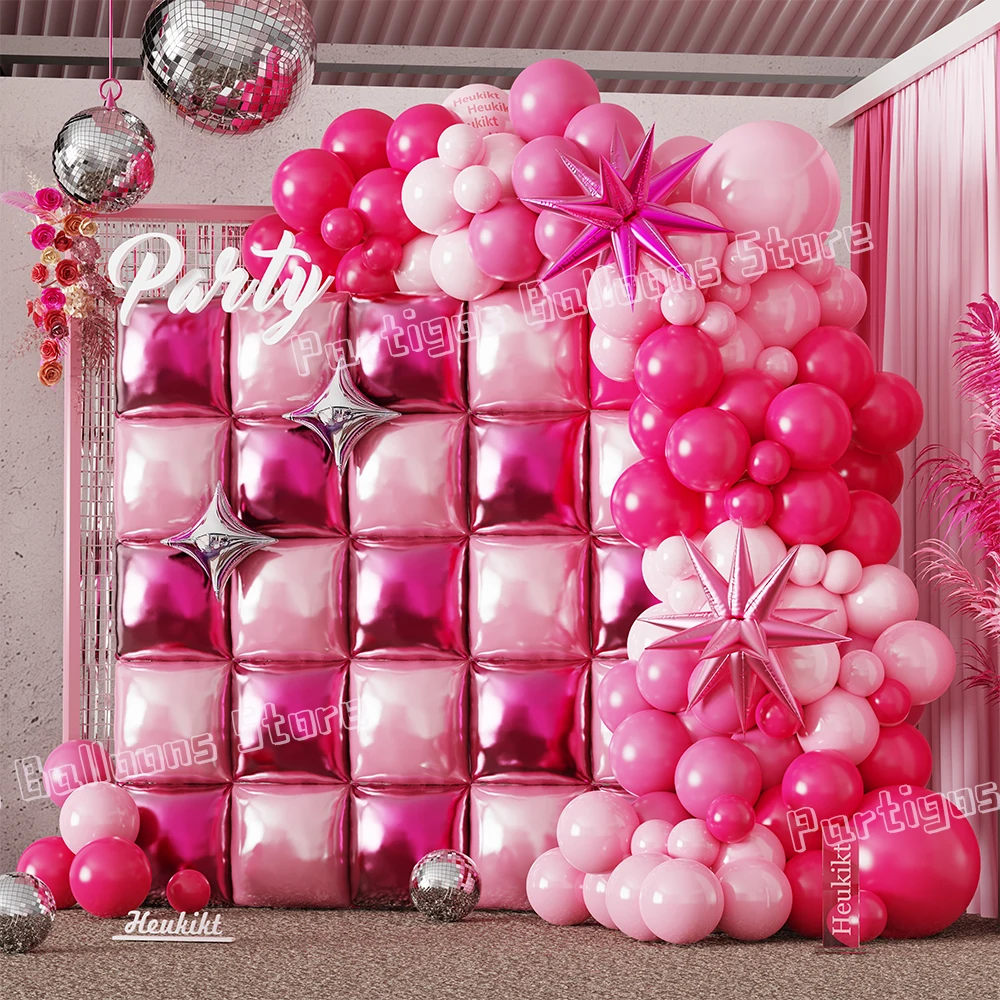 

93Pcs Hot Pink Balloon Garland Arch Kit Rose Red Square Foil Balloons Wall Valentine's Day Birthday Princess Wedding Party Decor