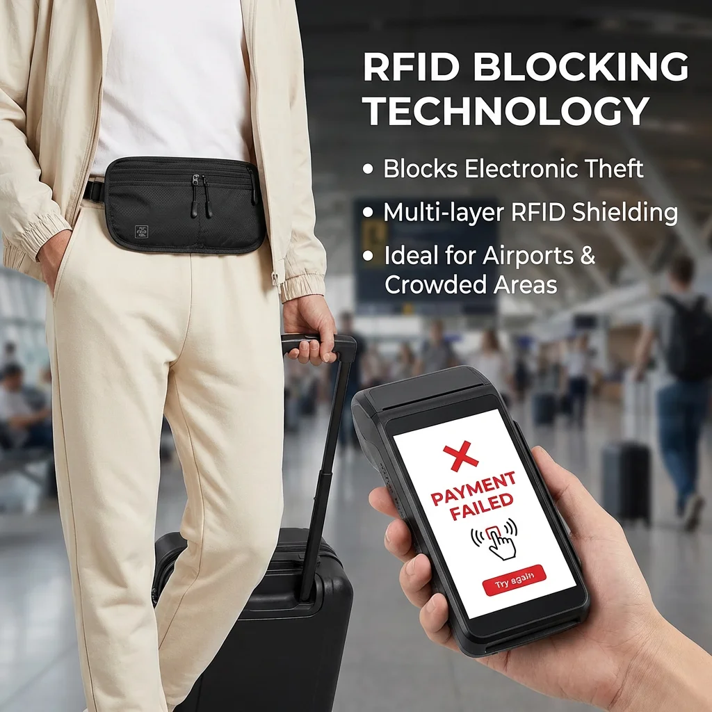 Riñonera de Viaje con Bloqueo RFID, Cinturón Delgado Antirrobo para Dinero con Diseño Multiusos, Cartera RFID Impermeable para Tarjetas