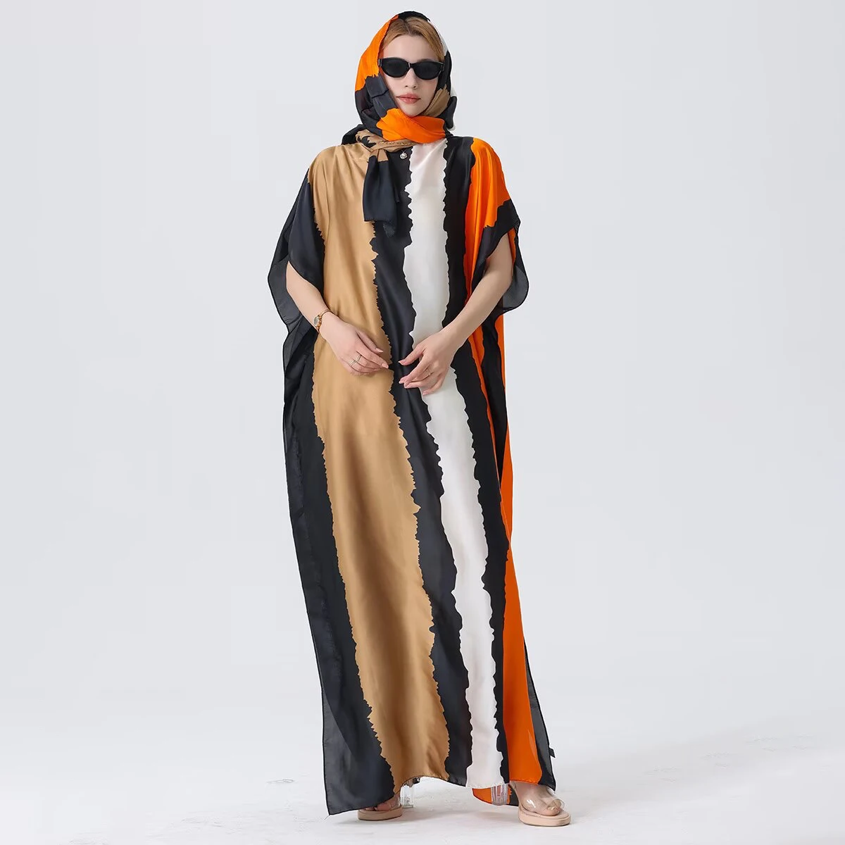 1 piece retro pattern satin loose robe set women's holiday beach blouse long dress matching bag head scarf