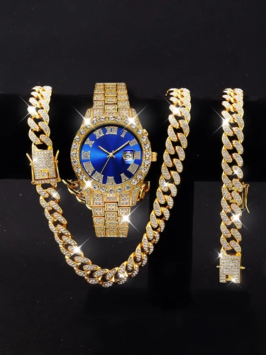 Imagen 2 del producto Reloj de cuarzo con diamantes de imitación para hombre, conjunto de pulsera de 3 piezas, de aleación de lujo, con calendario y collar cubano de Hip Hop