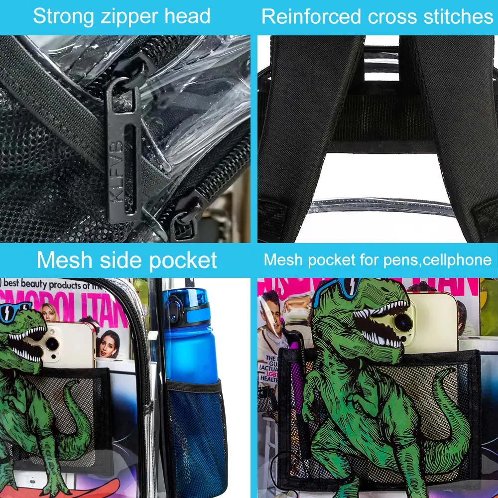 3 Buah Tas Ransel Transparan untuk Anak Laki-Laki, Tas Buku Transparan Motif Dinosaurus, Tas Ransel Tembus Pandang yang Lucu dengan Tas Makan Siang
